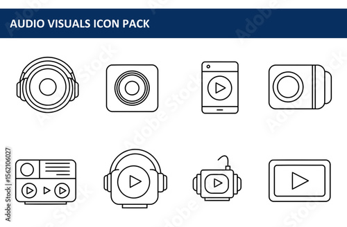 Audio visuals icon pack displaying various devices for playing audio and video content.