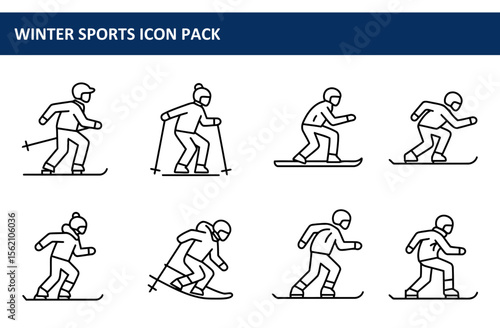 Skier figures in winter sports apparel in various action poses on snowy slopes. Diverse skiers in winter sports action on a mountain or ski resort.