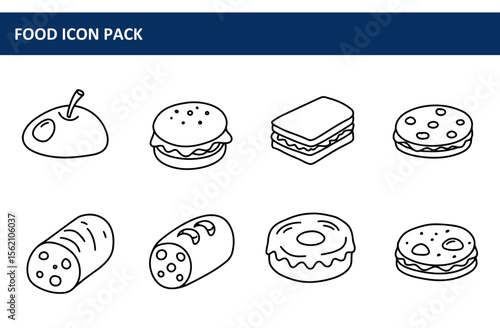 Food icon pack with various food items in outline style. Simple line art food illustrations for use in advertising, editorial, and general purpose use.