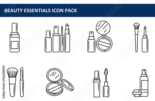 Beauty essentials icons depicting various cosmetic products. Outline illustrations of makeup bottles, containers, brushes, and applicators on a plain white background.