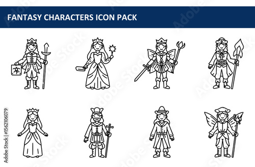 Fantasy characters in historical costumes, standing in a white background. Diverse characters in various outfits with medieval and fairy-tale elements.