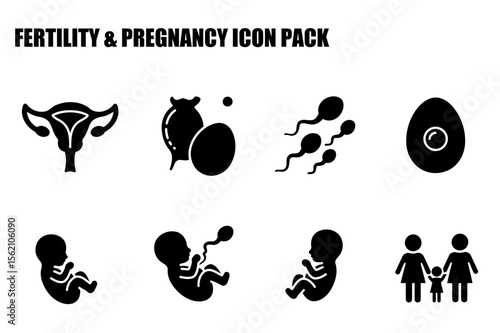 Fertility and pregnancy icon set with diverse demographic representations in a medical illustration style.