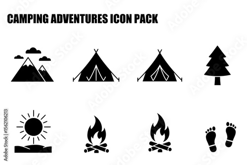 Camping Adventure Icon Set. Simple black and white illustrations of camping elements for a tourism, outdoor recreation or adventure company.
