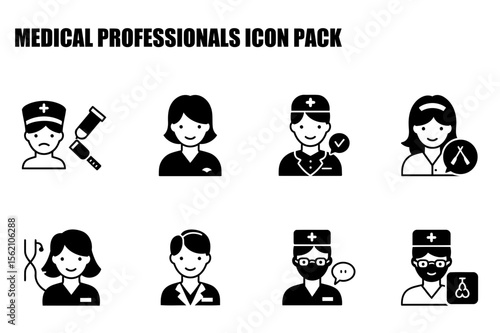Medical professionals icons set with diverse demographics in various medical settings. Friendly and approachable expressions with uniform attire.