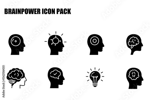 Brainpower icon pack with various mental processes depicted in simple, silhouette profile views. Diverse representations of different cognitive functions and creative processes.