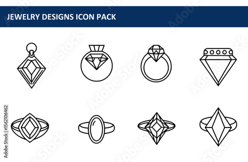 Jewelry designs icon pack, depicting various diamond shaped jewelry pieces in a simple line art style. Elegant jewelry designs for a variety of purposes.