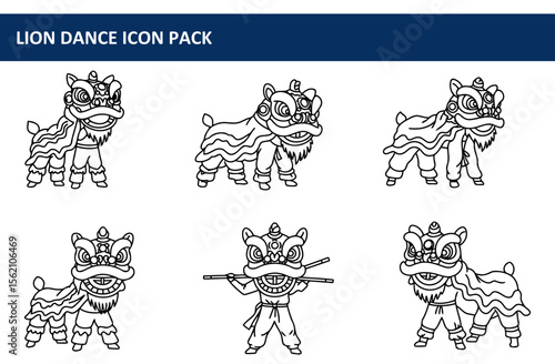 Lion dance icon pack of stylized figures in various poses. Simple line art representations of performers in traditional lion dance costumes, showcasing different stances and potential props.