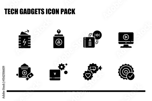 Tech gadgets icon pack showing various electronic devices and features. Simple, illustrative icons for use in technical documentation, educational materials, or other presentations.