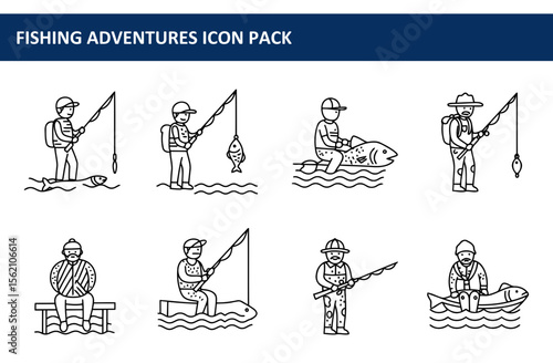 Fishing enthusiasts in various poses by a body of water. Diverse men fishing in various ways on water with fishing rods, showcasing different fishing methods and gear.