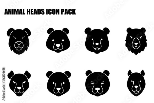 Black and white animal head icons with various expressions. Collection of stylized animal heads displayed against a plain white background.