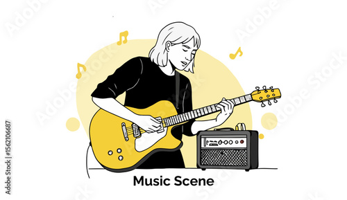 Young woman playing electric guitar in a music venue. Female musician performing on stage with an amplifier and guitar. Young artist at music concert -