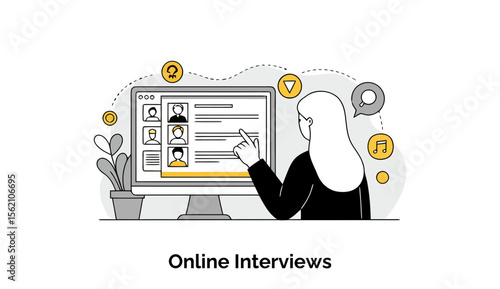 Female job applicant reviewing online interview candidates at home. A woman in a black business suit, points at computer screen filled with prospective candidate profiles.