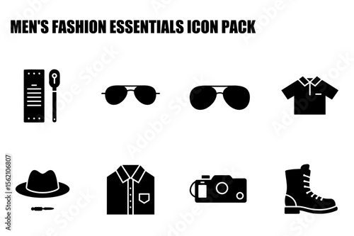 Men's fashion essentials in various styles and accessories. Simple silhouettes displayed against a white background.