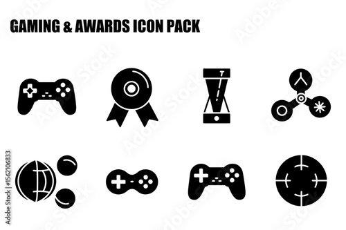 Gaming and awards icons for a digital library. Simple black and white vector graphics for games, prizes, trophies, and technology.