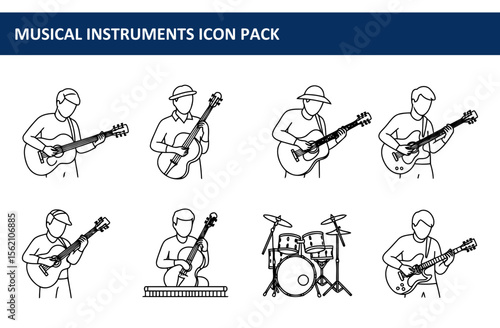 Line art illustration of diverse musicians playing various instruments in a performance setting. Casual musicians playing guitars, cello and drums, in a concert hall or outdoor venue.