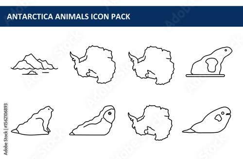 Antarctica animals icon pack showing various species and landscapes in a simple line art style. Antarctic continent outline, diverse wildlife, and geographical features in a flat design.