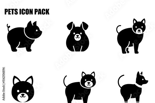 Pet icons featuring pig, dog, and cat silhouettes in various poses. Simple black and white vector illustrations for pet-related projects.