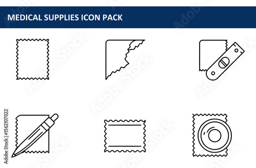 Medical supplies icon pack showing various tools and materials. Collection of black line art illustrations depicting different medical items like fabric squares, a pen and paper, and cutting tools.