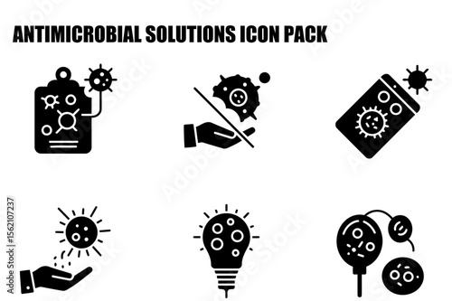 Antimicrobial solutions infographic icons depicting various actions and concepts. Set of medical device icons, showing various actions against microbes.
