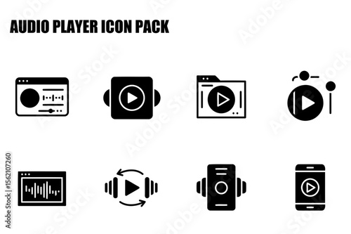 Audio player icon pack with various devices and functions. Collection of black and white icons for audio playback across different platforms.