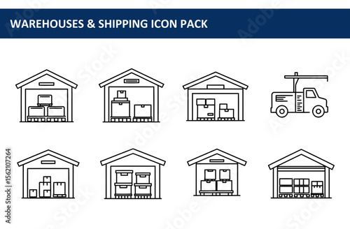 Warehouse and shipping facility line art illustrations. Various warehouse buildings with stacked boxes/pallets inside, and a delivery truck with a crane.