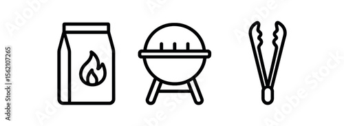 Barbecue essentials icons: charcoal bag, grill, and tongs in black outline vector icon isolated illustration