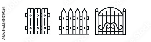 Minimalist black fence icons set: wooden, picket, and iron gates vector icon isolated illustration