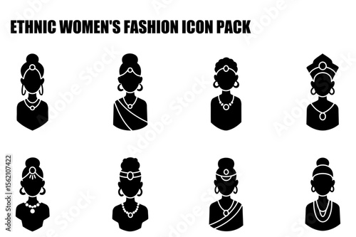Ethnic women's fashion icon set featuring various hairstyles and traditional adornments. Silhouettes of women in diverse ethnic wear, posed in a frontal view, with a plain white background.