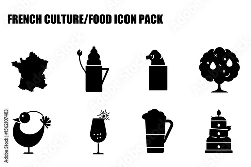 French food and culture icons, black and white silhouettes, various food items and map of France.