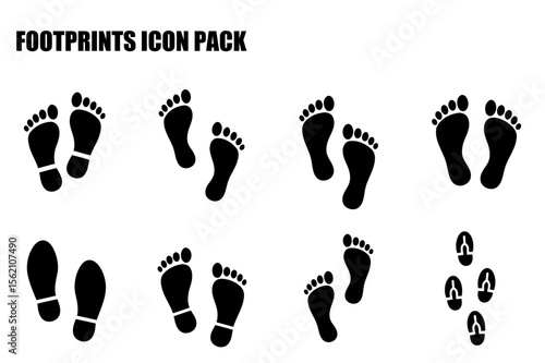 Footprints icon set on a white background. Simple, stylized footprints of bare feet and shoes in various arrangements.