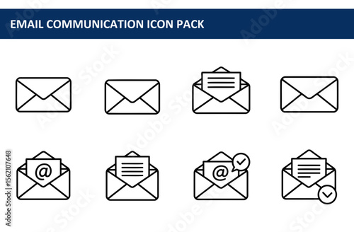 Line art email communication icons in various states. Collection of email icons with opened mail and different graphic elements, showing email delivery, validation and the contents of an envelope.