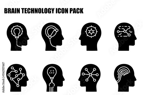 Brain technology icons depicting various conceptualizations of innovation and connection in the human mind. Silhouettes of heads with different symbolic representations of brain function.