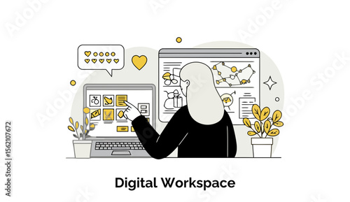 A woman with long grey hair, wearing a black blazer, interacting with digital interfaces on multiple screens in a modern workspace.