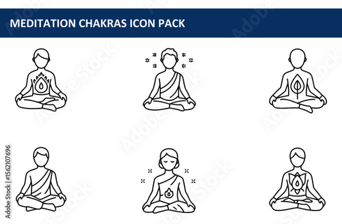 Collection of meditating individuals in various poses with different chakra symbols. Outline figures in meditation posture against a plain background.