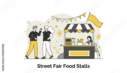 Street Fair Food Stalls featuring two adults celebrating with high fives and a vendor working at a food stall with a sunny day background.