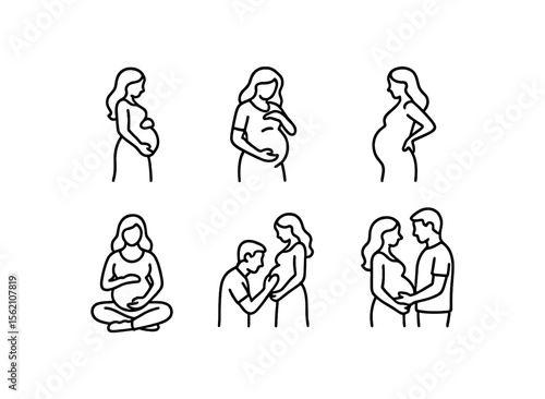Stick figure illustrations of pregnancy and parenthood moments vector icon isolated illustration