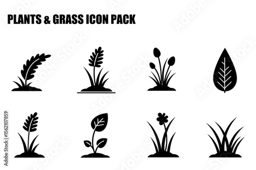 Plant and grass icons in a simple, flat design. Collection of various types of plants and grasses in a basic visual representation.