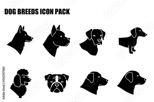 Dog breed icons in profile and full view. Various dog breeds in a simple, black silhouette style.