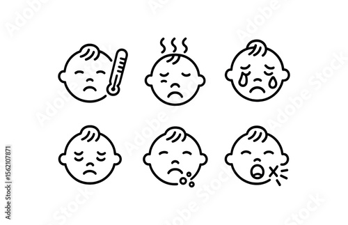 Sick child emoji icons: sad, crying, fever, coughing faces vector icon isolated illustration