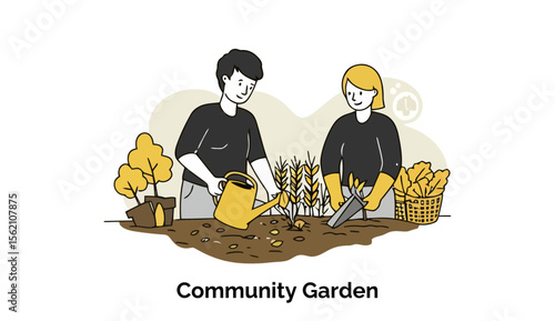 Two adults, one male and one female, working in a community garden, watering and tending plants. Community garden volunteers engaged in cultivation and harvesting.
