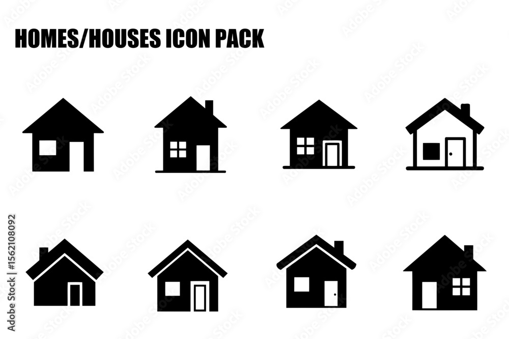 Fototapeta premium Black and white house icon set for real estate use. Simple, symmetrical representations of various house styles displayed against a plain background.