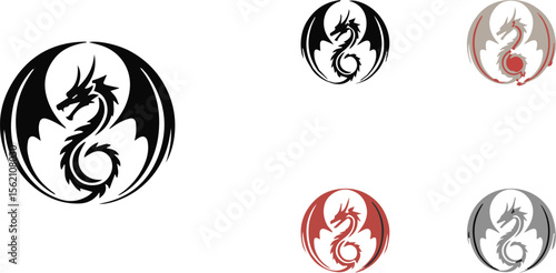 Tribal Dragon Design in Black, Red, Gray and Beige, Vector Illustration