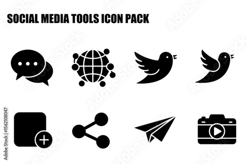 Social media tools icons in a flat design style. Collection of basic icons for communication, sharing, and social media platforms.