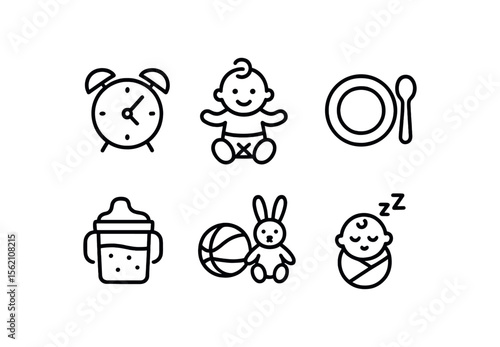 Baby essentials icons set: baby, clock, bottle, plate, toy, swaddle vector icon isolated illustration
