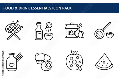 Food and drink essentials outline icons for a general purpose food and drink design. Culinary tools and items displayed in a simple, line art style. General public use -