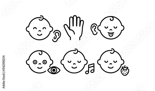 Illustrated baby icons representing senses and emotions vector icon isolated illustration