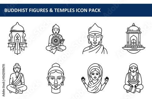 Buddhist figures and temples in various poses and garments, displayed against a plain white background.