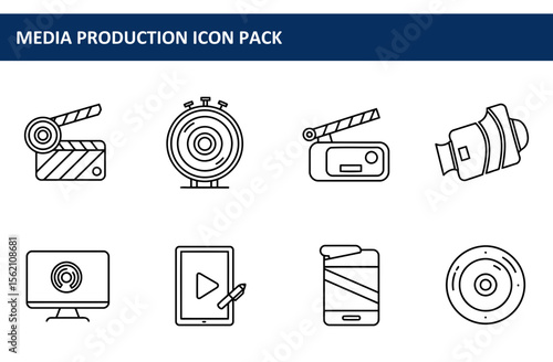 Media Production Icon Pack. Simple line art style icons for various media tools used in a professional setting.