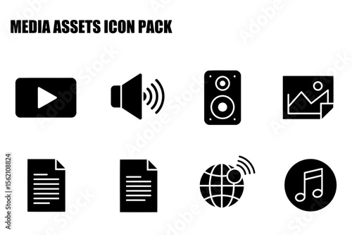 Black and white media assets icons for website use. Simple, clean icons representing video, audio, image, document, global, and music.