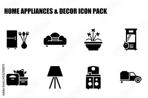 Home appliance and decor icons showing various items in a simple, flat design. Black and white vector illustrations of household items for use in a home design or product catalog.